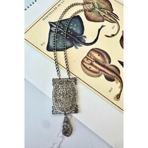 Vintage Filigree Medallion Boho Layering Victorian Necklace Teardrop Dangle